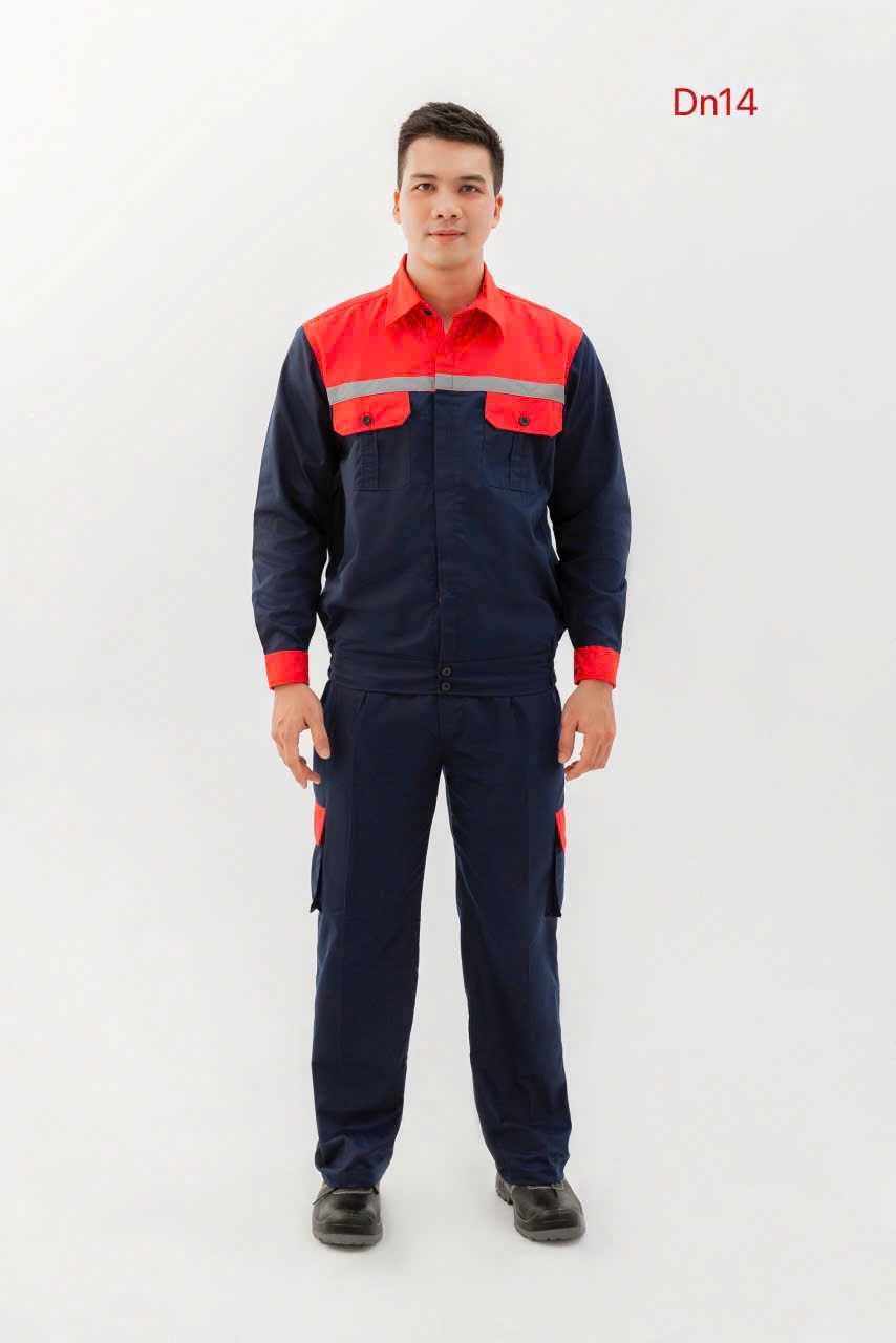 QUẦN ÁO BẢO HỘ MÀU TÍM THAN PHỐI ĐỎ DN14